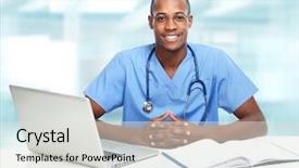  Presentation with healthcare diversity - PPT layouts having healthcare diversity - african-american black doctor man background and a sky blue colored foreground