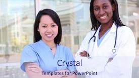  Presentation with diverse medical - Presentation theme with healthcare diversity - attractive diverse medical woman team background and a light blue colored foreground