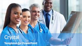  Presentation with portrait of medical professionals - Presentation theme featuring healthcare diversity - group of professionals medical workers background and a teal colored foreground