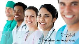  Presentation with medical diversity - Presentation enhanced with healthcare diversity - international medical team standing background and a light blue colored foreground