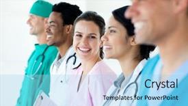  Presentation with medical international benefit - Amazing presentation theme having healthcare diversity - international medical team standing backdrop and a light blue colored foreground