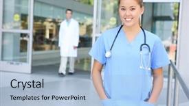  Presentation with nursing to nurse communication - Presentation theme consisting of healthcare diversity - successful pretty woman nurse outside background and a light blue colored foreground