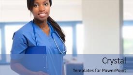  Presentation with nursing to nurse communication - Slide set consisting of healthcare diversity - young nurse portrait background and a teal colored foreground