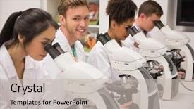  Presentation with medical students - Theme consisting of healthcare education - medical students working with microscope background and a light gray colored foreground