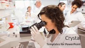  Presentation with soical science study - Presentation theme having healthcare education - science student looking through microscope background and a coral colored foreground