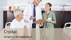  Presentation with report - Amazing PPT theme having healthcare elderly - happy doctor explaining report backdrop and a  colored foreground