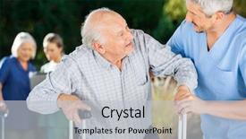  Presentation with helping - PPT layouts having healthcare elderly - male and female nurses helping background and a  colored foreground
