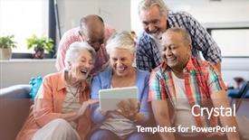  Presentation with digital healthcare - Beautiful slides featuring healthcare happiness - cheerful senior friends looking backdrop and a coral colored foreground