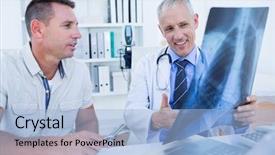  Presentation with doctor office - Colorful presentation design enhanced with healthcare happiness - doctor and patient looking backdrop and a light blue colored foreground