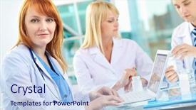  Presentation with medical laptop - Amazing slides having medical data - portrait of female clinician looking backdrop and a light blue colored foreground