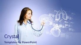  Presentation with media image - PPT layouts featuring healthcare innovation - image of young woman doctor background and a sky blue colored foreground