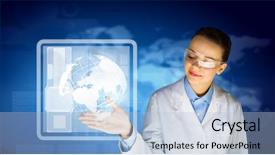  Presentation with biological disaster healthcare scientist - PPT layouts having healthcare innovation - image of young woman scientist background and a light blue colored foreground
