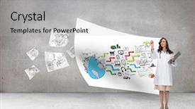  Presentation with innovation - Slide set enhanced with healthcare innovation - smiling doctor pointing against white background and a light gray colored foreground