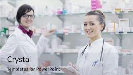  Presentation with team group - Slide set consisting of woman group standing in pharmacy background and a light gray colored foreground