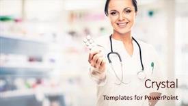  Presentation with drug - Amazing PPT theme having healthcare location - positive brunette doctor woman holding backdrop and a lemonade colored foreground