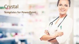  Presentation with drug - Colorful slide set enhanced with healthcare location - positive brunette doctor woman backdrop and a cream colored foreground