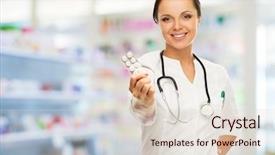  Presentation with drug - Audience pleasing slide deck consisting of healthcare location - young positive brunette doctor woman backdrop and a  colored foreground