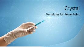  Presentation with syringe - Cool new PPT theme with healthcare maps - female doctor hand holding syringe backdrop and a light blue colored foreground