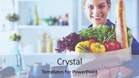  Presentation with grocery bag - Audience pleasing slides consisting of healthcare marketing - young woman holding grocery shopping backdrop and a light blue colored foreground