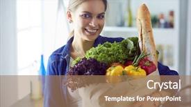  Presentation with grocery bag - PPT layouts with healthcare marketing - young woman holding grocery shopping background and a coral colored foreground