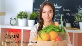  Presentation with grocery bag - Beautiful slide set featuring healthcare marketing - young woman holding grocery shopping backdrop and a coral colored foreground