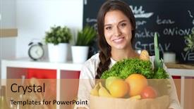  Presentation with grocery bag - Presentation consisting of healthcare marketing - young woman holding grocery shopping background and a coral colored foreground