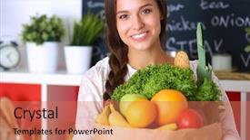  Presentation with grocery bag - Amazing PPT layouts having healthcare marketing - young woman holding grocery shopping backdrop and a coral colored foreground