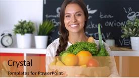  Presentation with grocery bag - Audience pleasing presentation theme consisting of healthcare marketing - young woman holding grocery shopping backdrop and a  colored foreground