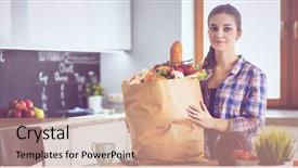  Presentation with grocery bag - Theme having healthcare marketing - young woman holding grocery shopping background and a coral colored foreground