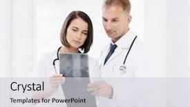  Presentation with radiology - Presentation with healthcare medical and radiology concept - two doctors looking at x-ray background and a light gray colored foreground