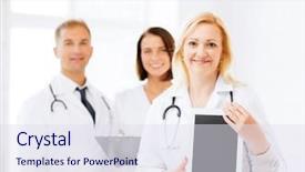 Presentation with medical technology healthcare - Presentation featuring healthcare medical and technology concept - female doctor with tablet pc background and a sky blue colored foreground