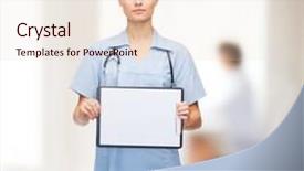  Presentation with clipboard stethoscope - Colorful slide deck enhanced with healthcare medicine advertisement and sale concept - smiling female doctor or nurse with stethoscope and white blank clipboard backdrop and a lemonade colored foreground