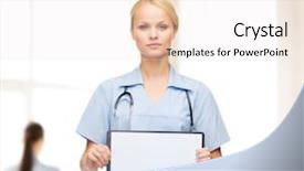  Presentation with clipboard stethoscope - PPT theme having healthcare medicine advertisement and sale concept - smiling female doctor or nurse with stethoscope and white blank clipboard background and a sky blue colored foreground
