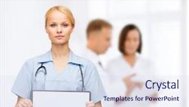  Presentation with clipboard stethoscope - PPT theme featuring healthcare medicine advertisement and sale concept - smiling female doctor or nurse with stethoscope and white blank clipboard background and a sky blue colored foreground