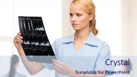  Presentation with radiology - Slide deck having healthcare medicine and radiology concept - smiling doctor or nurse looking at x-ray background and a light blue colored foreground