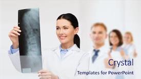  Presentation with radiology - PPT layouts enhanced with healthcare medicine and radiology concept - smiling female doctor looking at x-ray background and a sky blue colored foreground