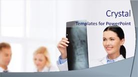  Presentation with radiology - Cool new slide set with healthcare medicine and radiology concept - smiling female doctor looking at x-ray backdrop and a sky blue colored foreground