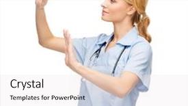  Presentation with nurse technology - Cool new theme with healthcare medicine and technology concept - smiling young doctor or nurse working with virtual screen backdrop and a sky blue colored foreground