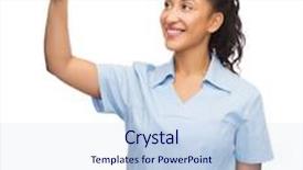  Presentation with nurse technology - Slide set consisting of healthcare medicine and technology concept - smiling african american doctor or nurse pointing to something or pressing imaginary button background and a sky blue colored foreground