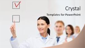  Presentation with healthcare technology - Audience pleasing PPT layouts consisting of healthcare medicine and technology concept - smiling female doctor pointing to checkbox backdrop and a white colored foreground