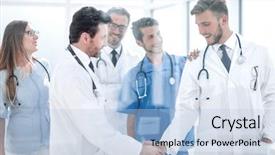  Presentation with partnership - Presentation design consisting of healthcare partnership - doctors shaking hands in hospital background and a  colored foreground