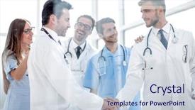  Presentation with partnership - PPT theme with healthcare partnership - doctors shaking hands in hospital background and a  colored foreground