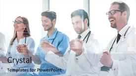  Presentation with partnership - Presentation theme featuring healthcare partnership - doctors sit in a row background and a light blue colored foreground