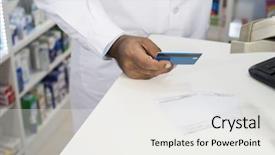  Presentation with credit card - Audience pleasing PPT theme consisting of healthcare payments - chemist holding credit card backdrop and a white colored foreground