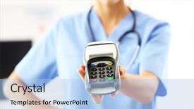  Presentation with female office graphics - Amazing theme having healthcare payments - female doctor standing in her backdrop and a light blue colored foreground