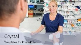  Presentation with chemist - Audience pleasing theme consisting of healthcare payments - mature female chemist smiling while backdrop and a light blue colored foreground