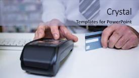  Presentation with terminal - Slides with healthcare payments - pharmacist using payment terminal machine background and a light blue colored foreground