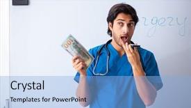  Presentation with whiteboard - Slide set having healthcare payments - young male doctor in front background and a light blue colored foreground