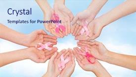  Presentation with healthcare - Theme consisting of healthcare people and medicine concept - close up of women hands with cancer awareness ribbons over blue sky background background and a sky blue colored foreground