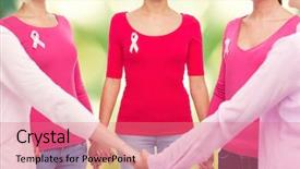  Presentation with breast cancer awareness - Cool new presentation with healthcare people and medicine concept - close up of smiling women in blank shirts with pink breast cancer awareness ribbons holding hands over green background backdrop and a coral colored foreground
